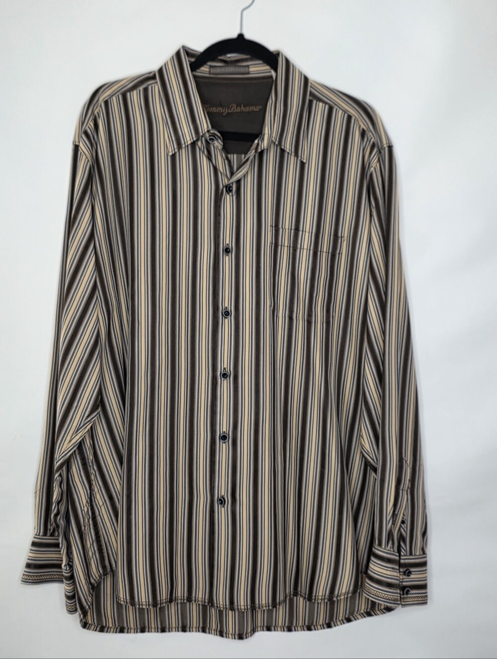 Tommy Bahama 100% SILK Men's Shirt Size XL Striped Brown Button-Up Long Sleeve